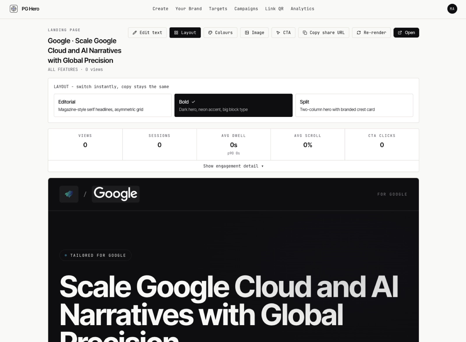 The PG Hero landing-page editor: layout picker (Editorial / Bold / Split), engagement stats, and a live preview of the generated page tailored for Google.