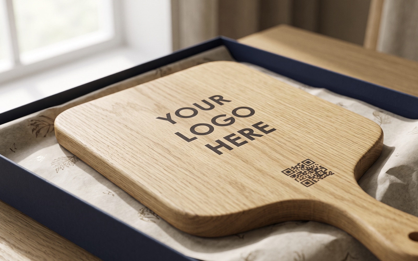 Solid oak serving board with an engraved company logo and durable QR code