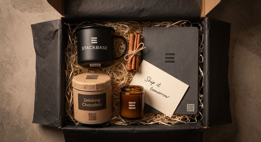 Dark gift box for a developer-tools brand with enamel mug, drinking chocolate and a handwritten 'Ship it tomorrow' card