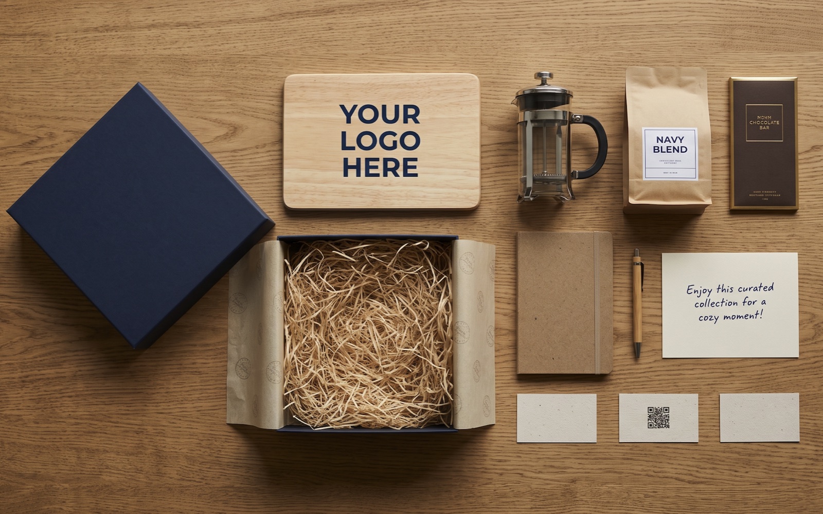 Flat lay of gift box contents: oak board, cafetière, coffee, chocolate, notebook, pen and QR card