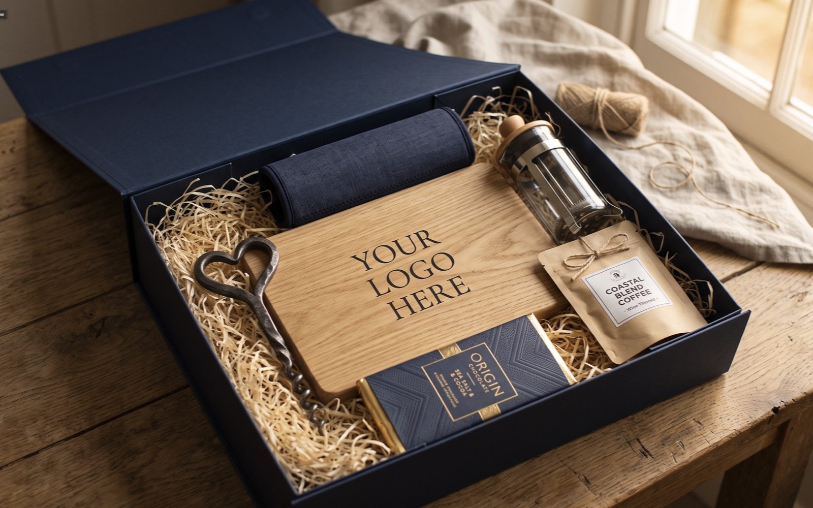 Curated gift box with engraved oak board, coffee and chocolate in a navy presentation box
