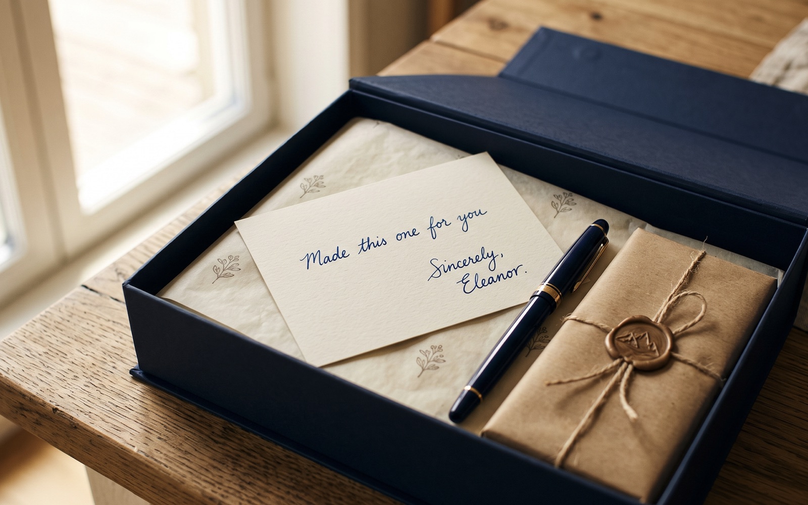 Handwritten note card and wax-sealed parcel inside a navy gift box