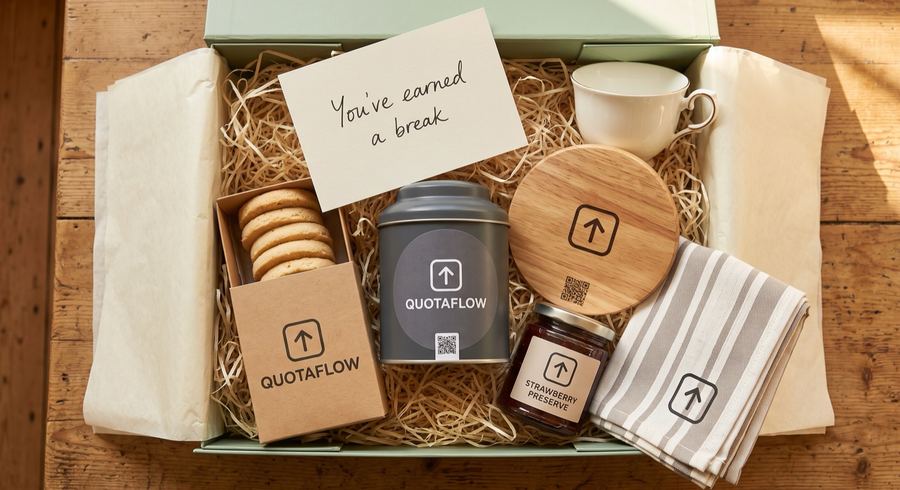 Open sage presentation box with tea tin, shortbread, preserve and a handwritten 'You've earned a break' card in wood wool