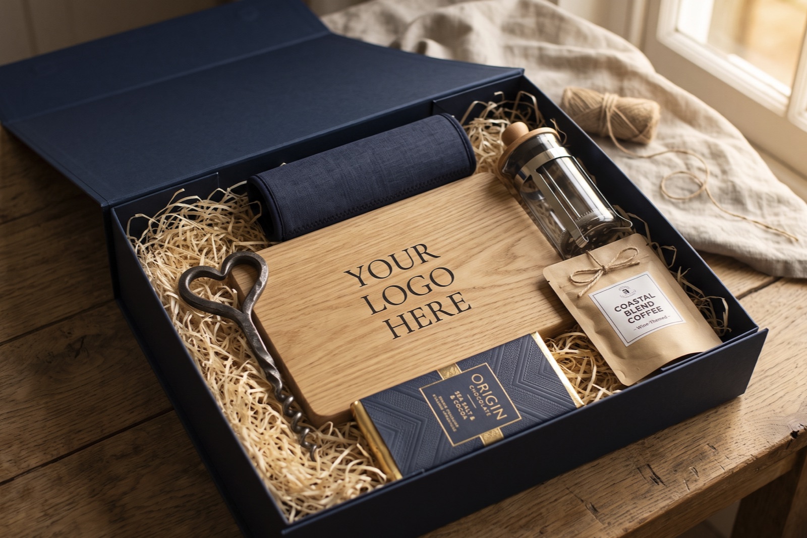 An open navy gift box with an oak board engraved with a company logo, surrounded by curated coffee, chocolate and a corkscrew.