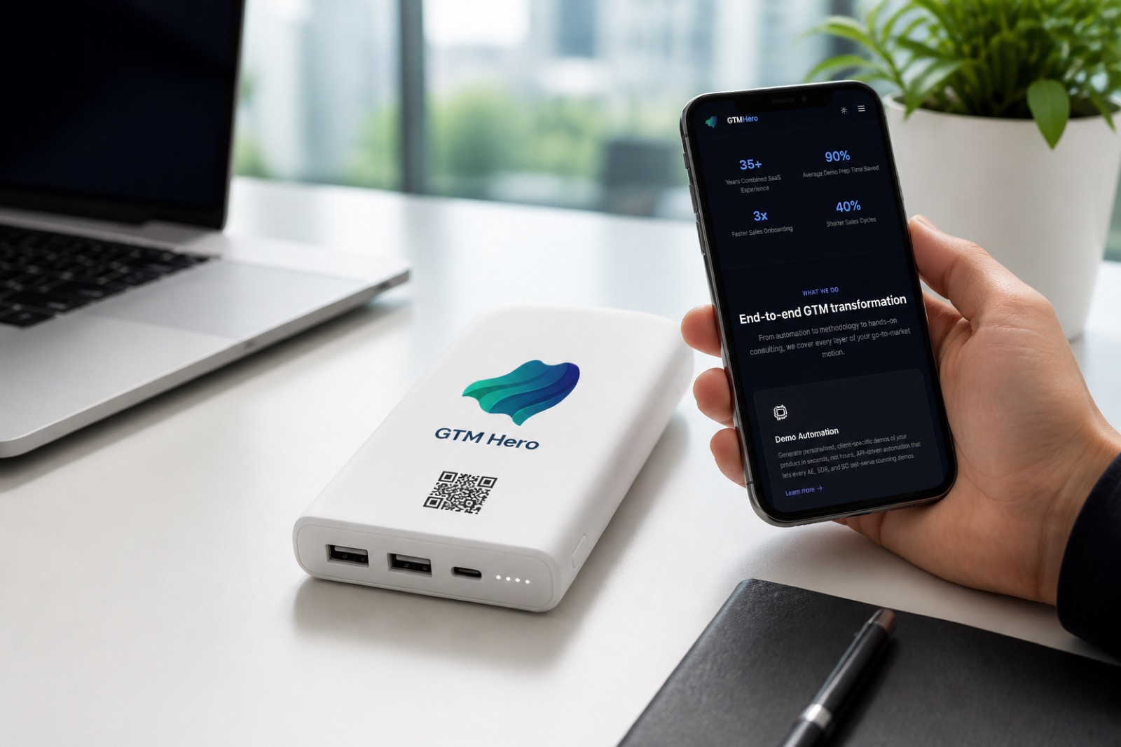 A branded power bank with a QR code on a desk next to a phone showing the personalised GTM Hero landing page that the QR scans to.