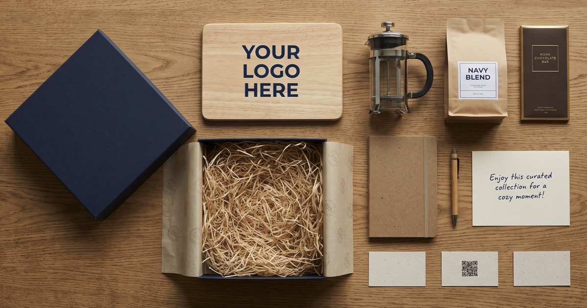 A gift box laid out with a board printed with a logo, coffee, chocolate, a notebook, a pen and a card