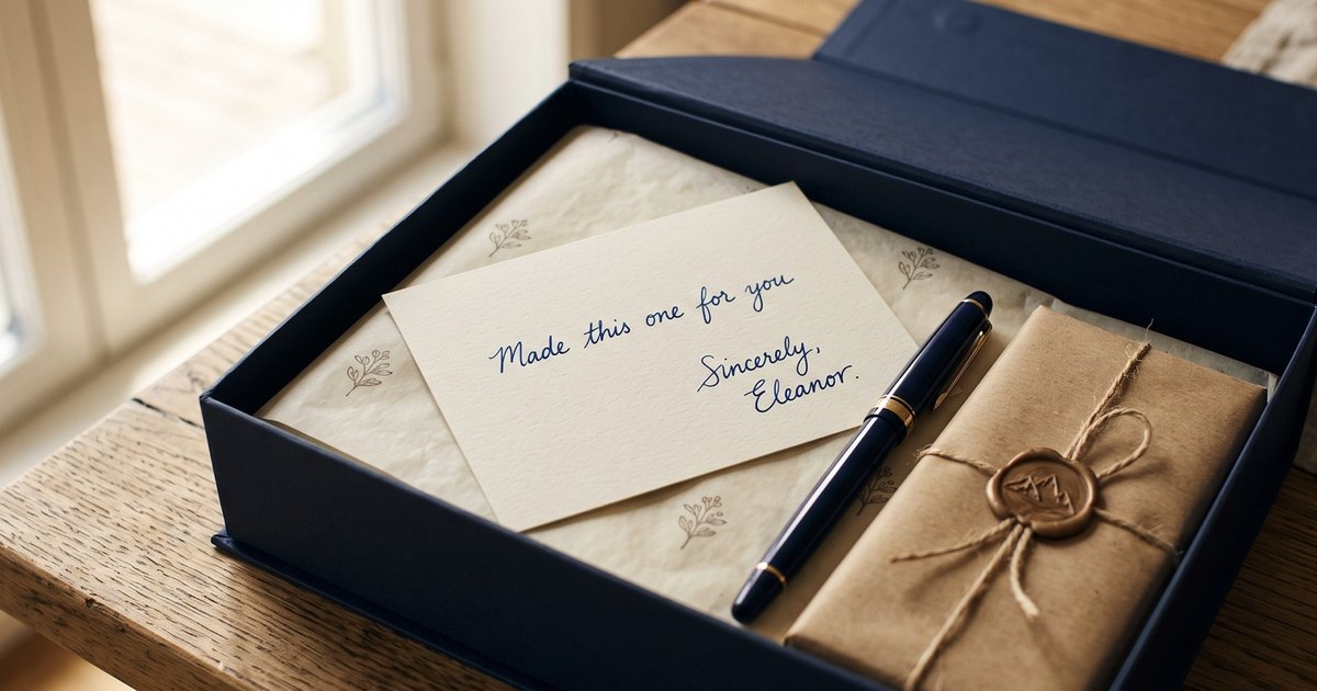 A card written in blue ink in an open navy gift box, beside a fountain pen